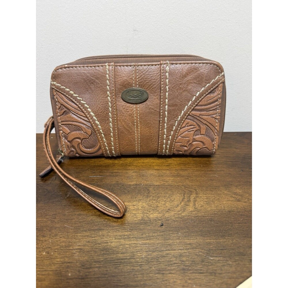 BOC Born Concepts Wallet Wristlet Tooled Faux Leather Saddle Brown Dual Zip